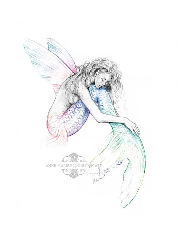 570x734 Inch Print Mermaid's Drift Flying Fish Mermaid With Wings Art - Rainbow Drawing Black And White