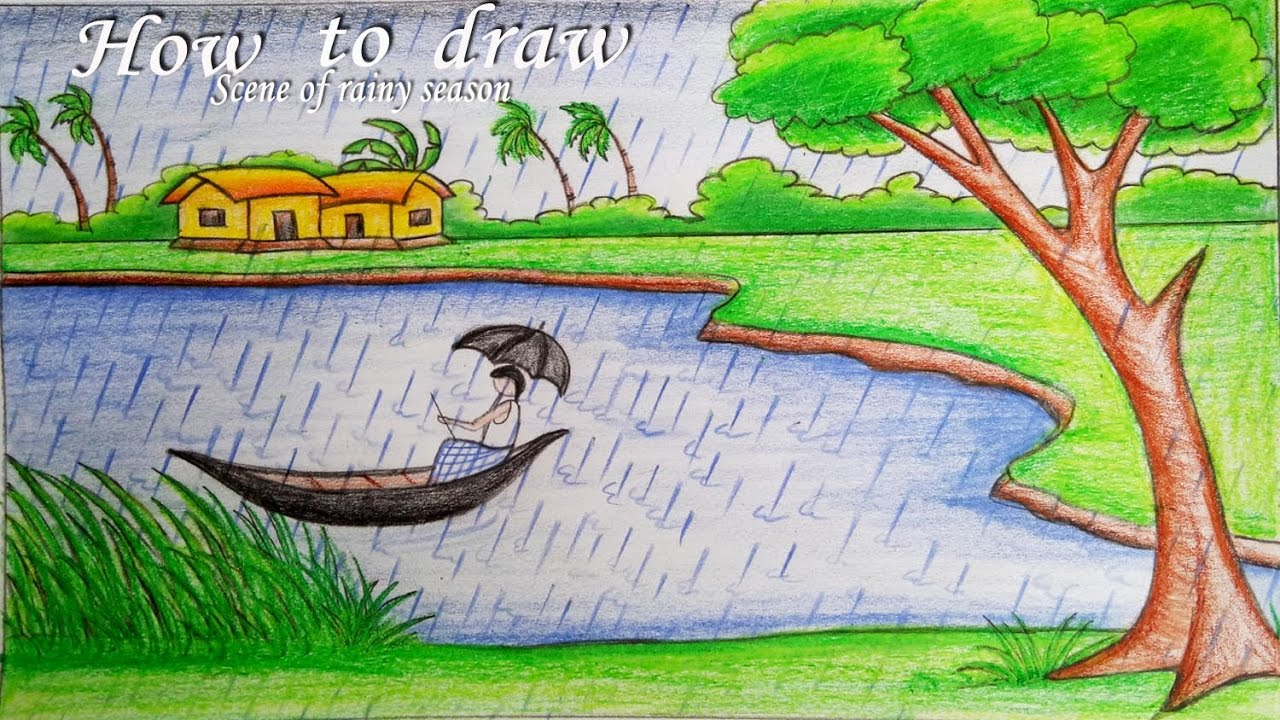 1280x720 how to draw a scenery of rainy season step - Rainy Season Drawing