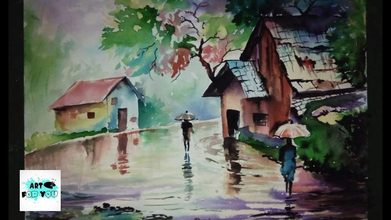 1280x720 rainy landscape drawing and rainy season drawing with watercolor - Rainy Season Drawing
