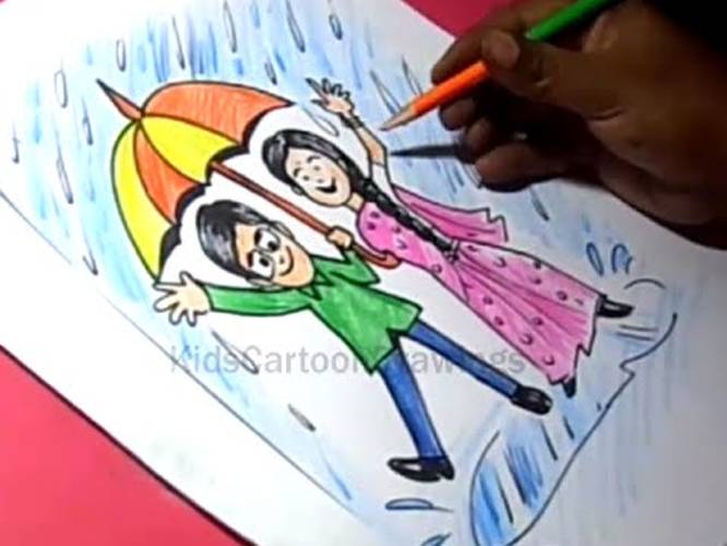 666x500 how to draw rainy season drawing for kids step - Rainy Season Drawing