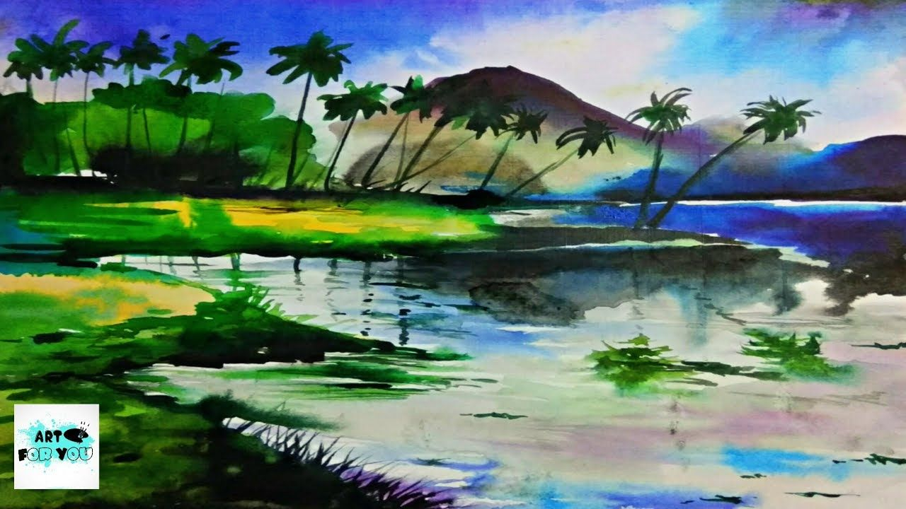 1280x720 how to paint simple landscape scenery rainy season drawing rainy - Rainy Season Drawing