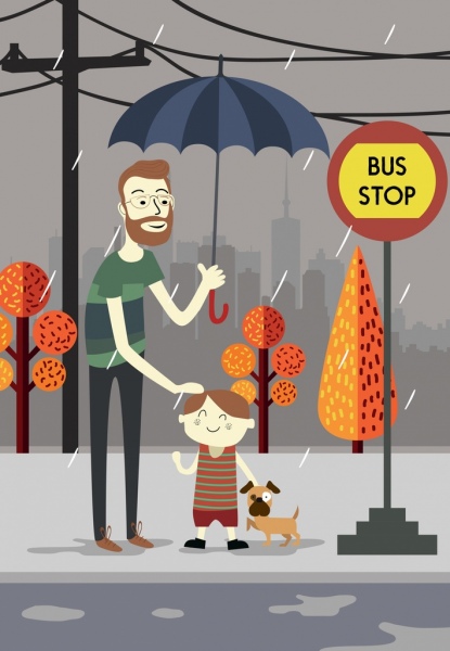 415x600 rainy weather drawing father son bus station umbrella icons free - Rainy Weather Drawing