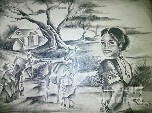 526x394 rajasthani villege girl drawing - Rajasthani Drawing