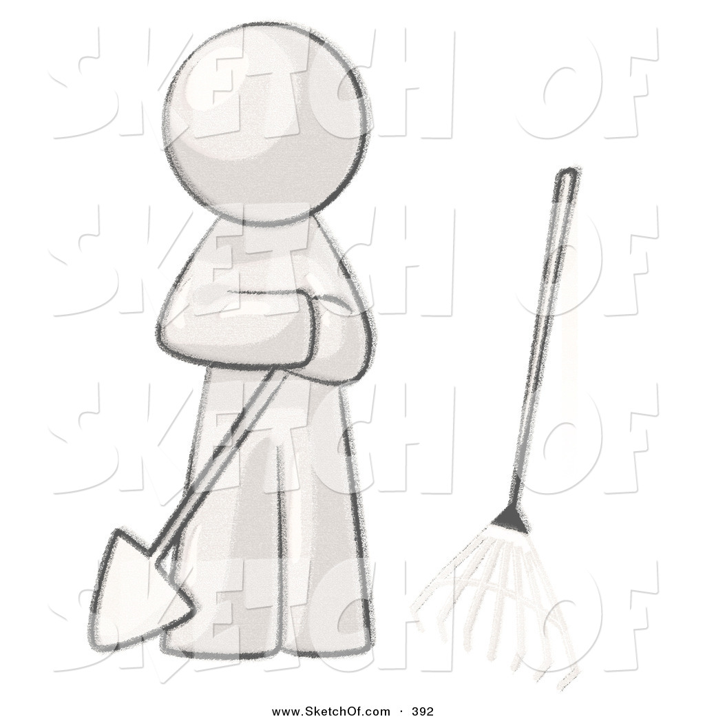 1024x1044 drawing of a sketched design mascot man gardener with a shovel - Rake Drawing