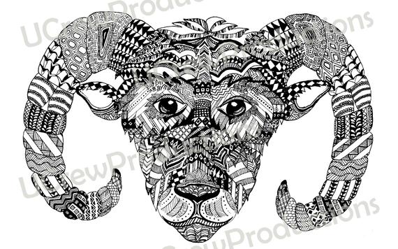 570x356 zentangle animal ram black and white pen drawing art etsy - Ram Animal Drawing