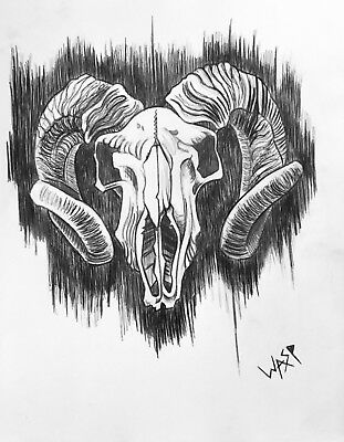 311x400 Ram Skull Drawing On Paper Art Gothic Punk Tattoo Painting - Ram Skull Drawing