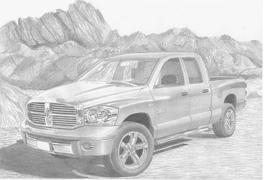 900x613 Dodge Ram Laramie Pickup Truck Art Print Drawing - Ram Truck Drawing