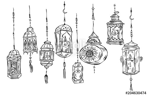 500x327 hand drawn ramadan kareem and mosque background,beautiful greeting - Ramadan Lantern Drawing