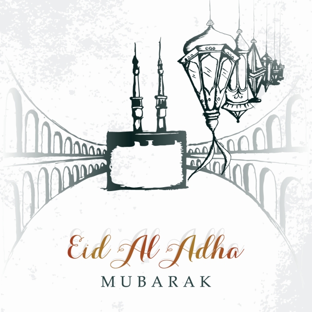 640x640 eid al adha greeting design with mecca hand drawn and lantern - Ramadan Lantern Drawing