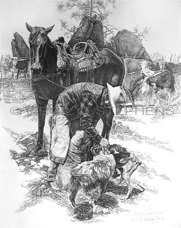 621x783 you boys done good, cowboy praising his ranch dogs pencil drawing - Ranch Drawing