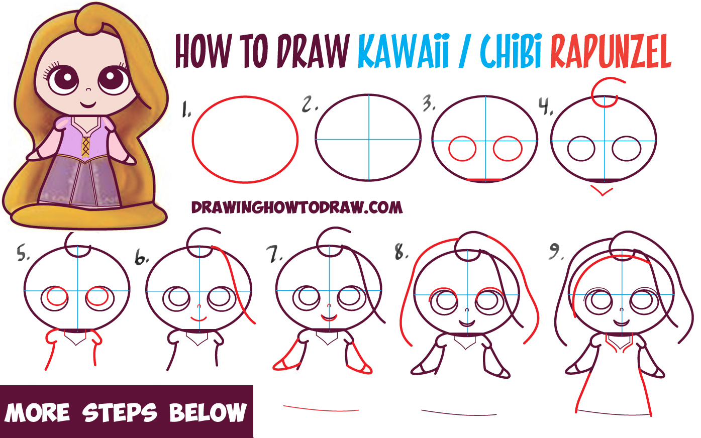 1395x872 How To Draw Kawaii Chibi Rapunzel From Disney's Tangled In Easy - Rapunzel Tangled Drawing