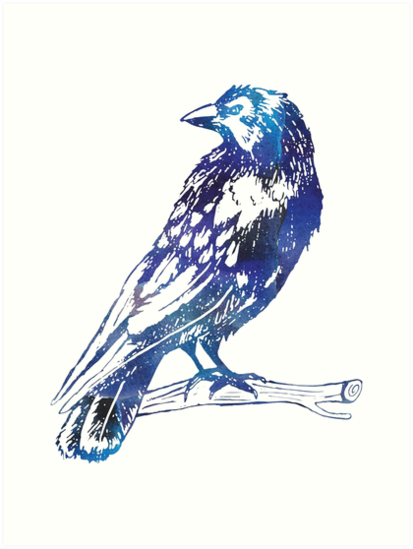 413x549 Galaxy Watercolor Raven Drawing Art Prints - Raven Drawing