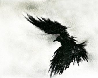 340x270 Original Charcoal Crow Drawing Raven Flying Gothic Drawing - Raven Flying Drawing