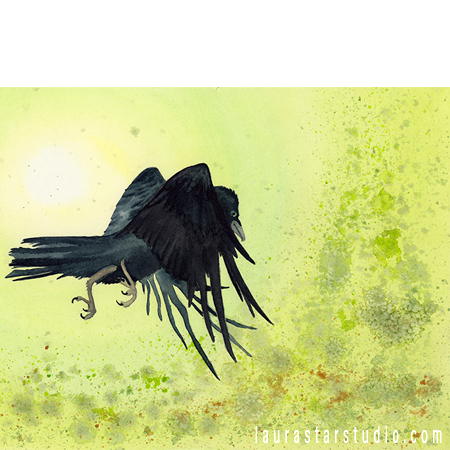 450x450 Raven Flying Green Original Watercolor Painting - Raven Flying Drawing