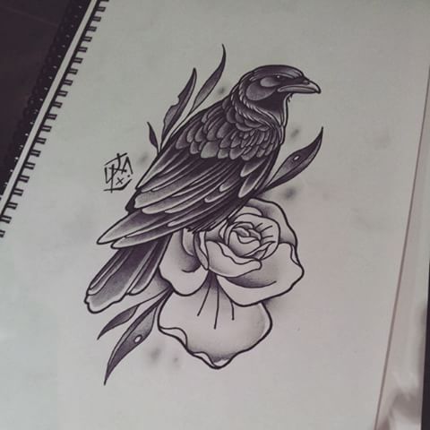 480x480 traditional black raven and flower tattoo design ale wedding - Raven Tattoo Drawing