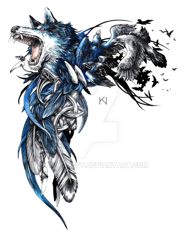 600x761 Wolf And Raven Tattoos With Meaning - Raven Tattoo Drawing