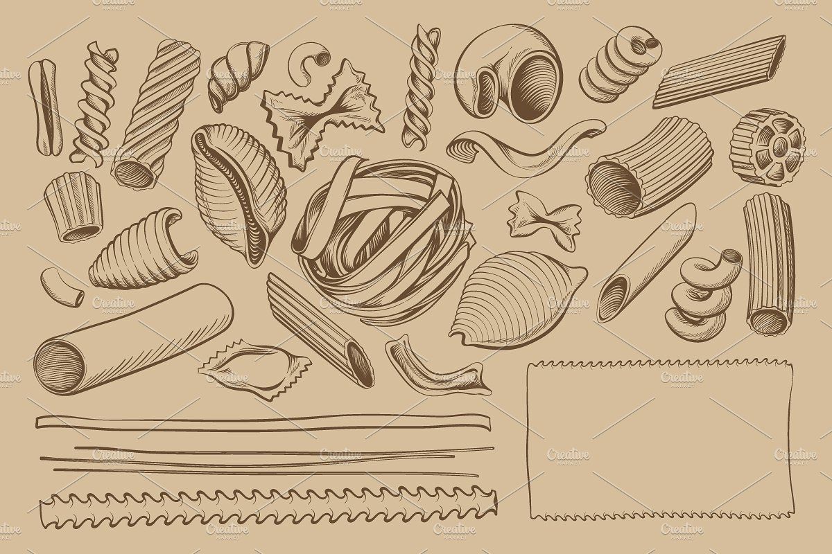 1200x800 freehand pasta drawing set - Ravioli Drawing