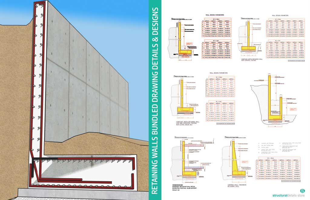 1024x662 reinforced concrete retaining walls bundled drawing details - Rc Drawing