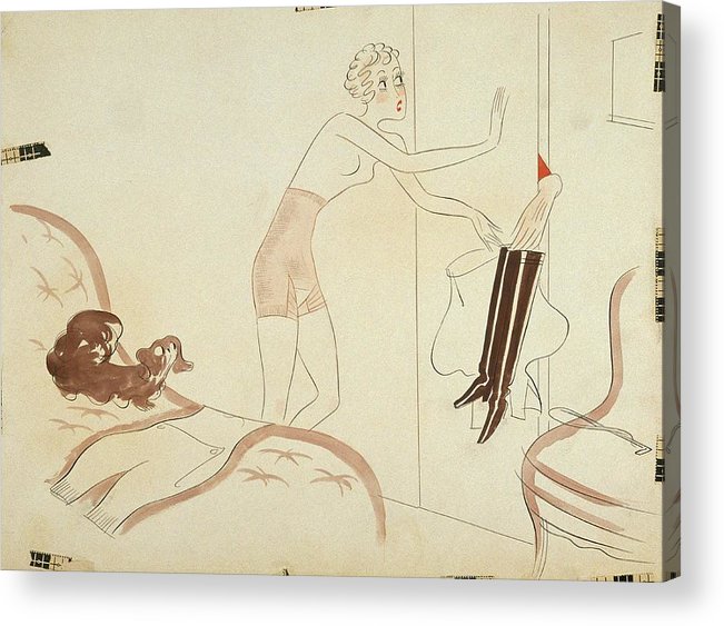 651x563 Drawing Of A Woman In A Girdle Reaching For Boots Acrylic Print - Reaching Drawing