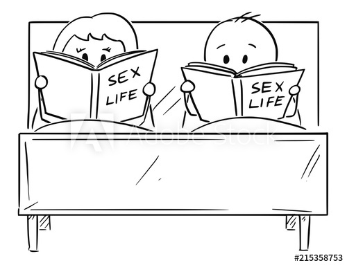 500x383 cartoon stick drawing conceptual illustration of couple in bed - Reading Book Drawing