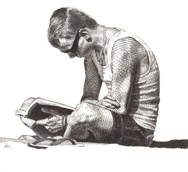 640x585 Ink Drawing Finished Guy Reading Artwork - Reading Drawing