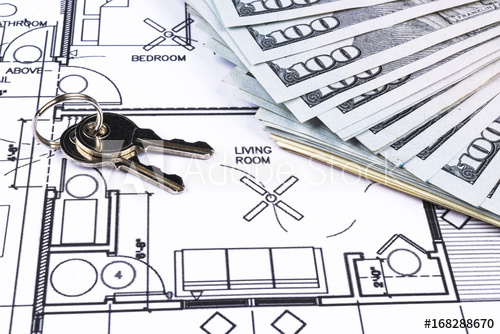 500x334 Stack Of Money With Key Lying On Construction Drawing Of House - Real Estate Drawing