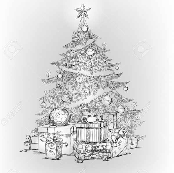 600x598 Christmas Pencil Drawings - Realistic Christmas Tree Drawing