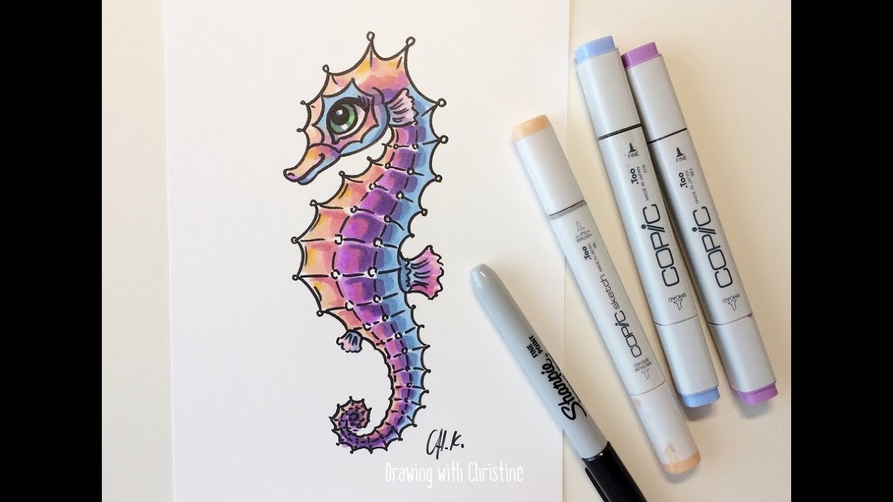 1280x720 drawing line art demo cute seahorse coloring with ink copic - Realistic Seahorse Drawing
