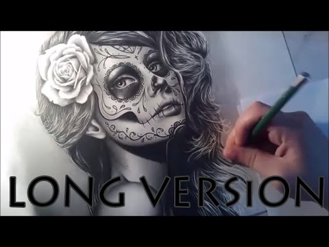 480x360 Semi Realistic Sugar Skull Girl Tattoo Pencil Portrait Long - Realistic Sugar Skull Drawing