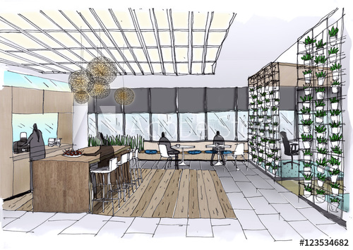 500x354 outline sketch drawing and paint of a interior space, office - Reception Drawing