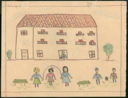 256x197 this drawing shows the school and girls playing jump rope during - Recess Drawing