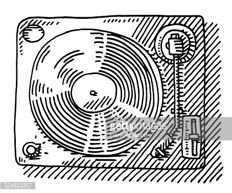 454x378 hand drawn vector drawing of a record player, view from above - Record Drawing