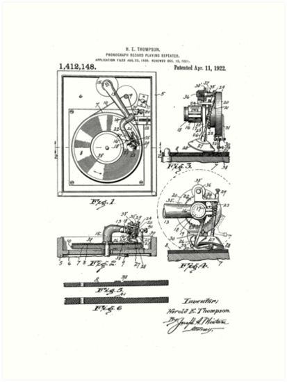 413x549 retro vintage record player patent drawing diagram art prints - Record Player Drawing