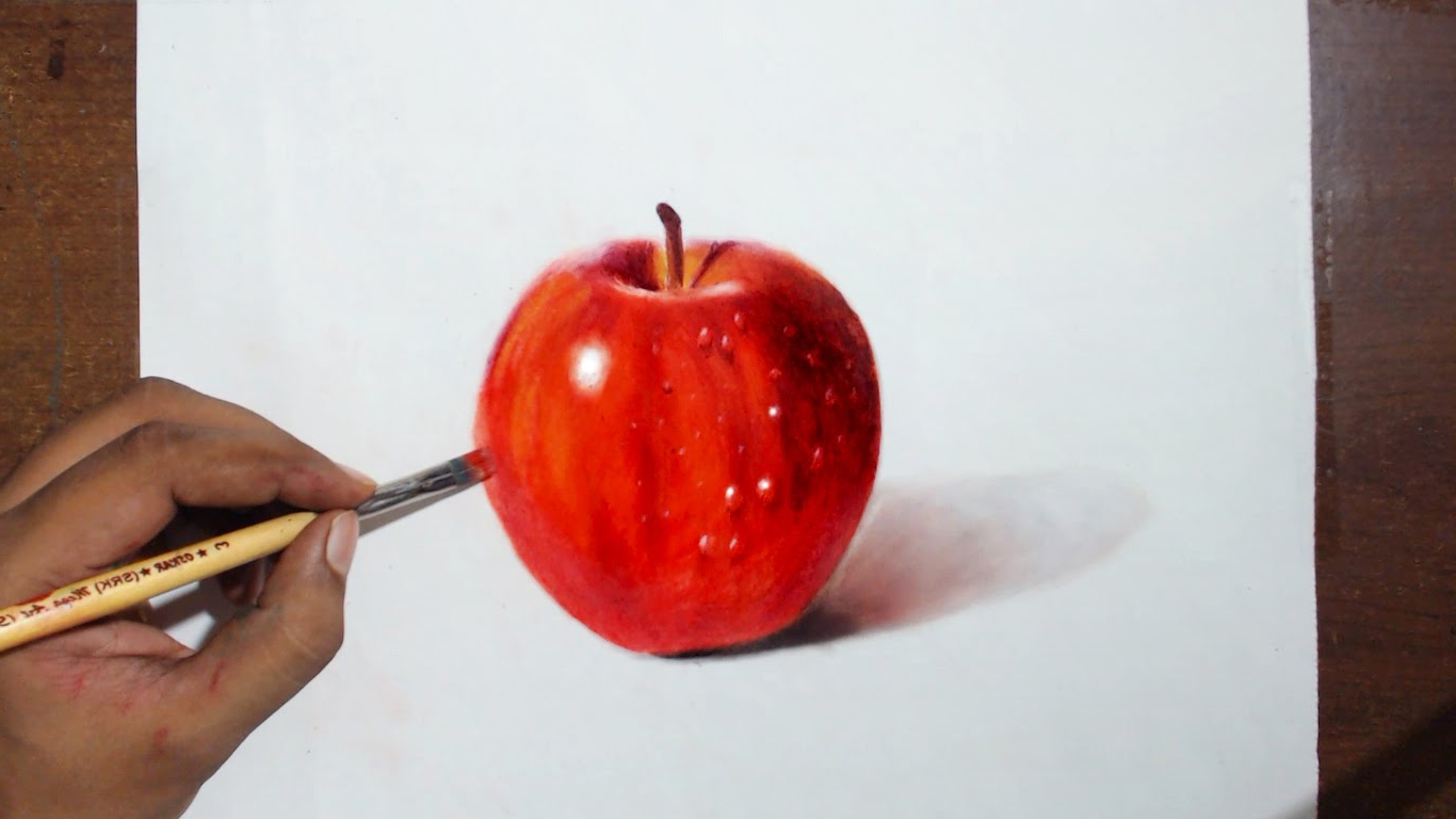 1366x768 Oil Paintings Of Apples Drawingpainting A Red Apple - Red Apple Drawing