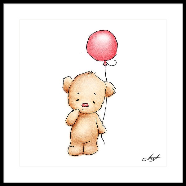 600x600 teddy bear with red balloon framed print - Red Balloon Drawing