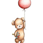 180x180 the drawing of teddy bear with red balloon and flowers art print - Red Balloon Drawing
