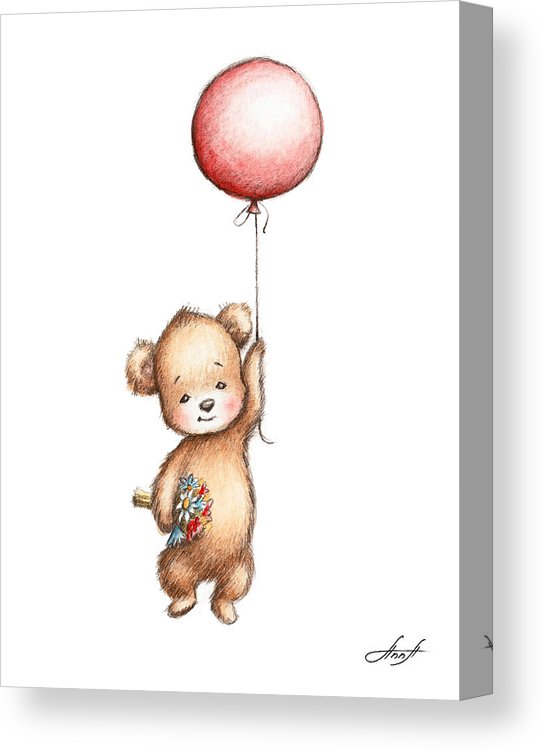 542x750 the drawing of teddy bear with red balloon and flowers canvas - Red Balloon Drawing
