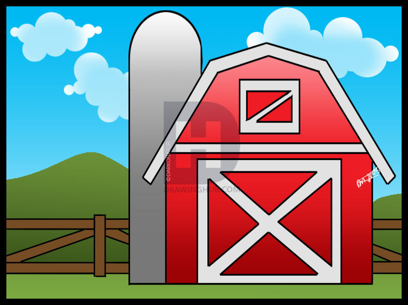 832x623 How To Draw A Barn, Step - Red Barn Drawing