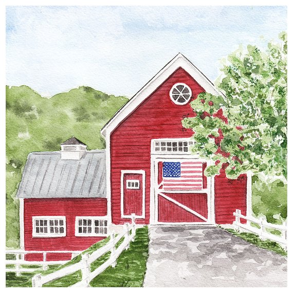 570x570 Old Red Barn With American Flag Watercolor Fine Art Print Etsy - Red Barn Drawing