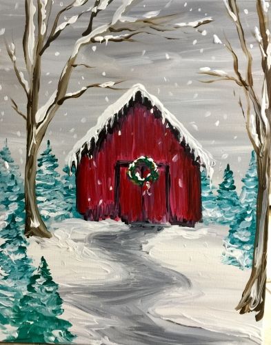393x500 Cute Little Red Barn Painting With Teal Trees Painting - Red Barn Drawing