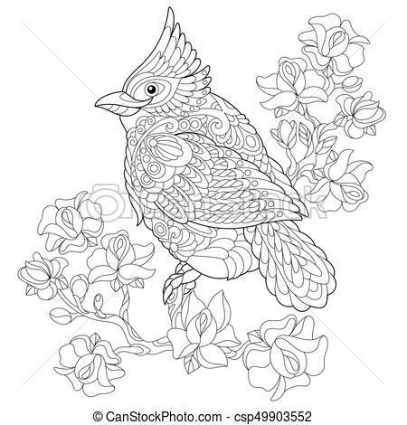 450x470 Zentangle Stylized Cardinal Bird Coloring - Red Bird Drawing