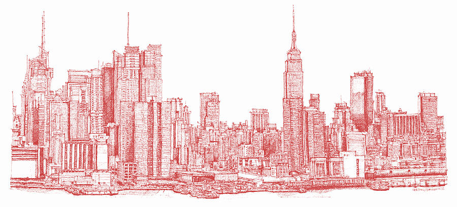 900x409 New York City Red Ink Drawing - Red Drawing
