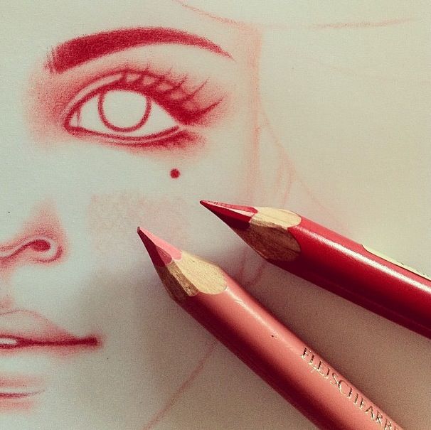 606x605 Red Colored Pencil Drawing Artwork Drawings, Pencil Drawings - Red Drawing Pencil