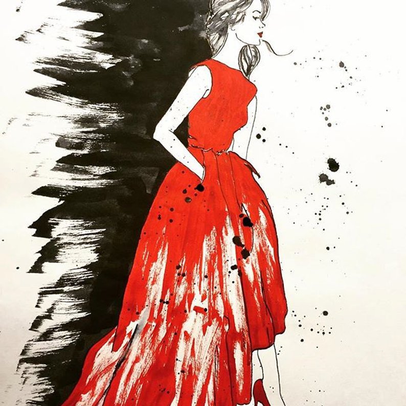 794x794 Red Dress Fashion Illustration Ink Sketch Drawing Pen And Etsy - Red Dress Drawing