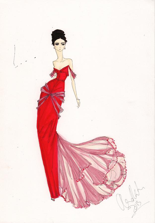624x900 Fashion Illustration Venetian Red Dress Drawing - Red Dress Drawing