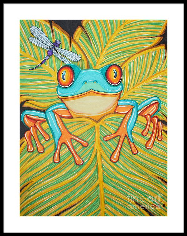 600x757 Red Eyed Tree Frog And Dragonfly Framed Print - Red Eyed Tree Frog Drawing