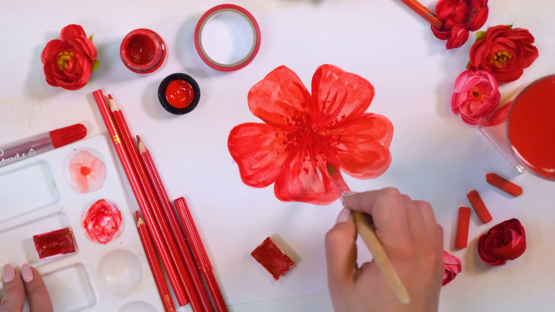 1920x1080 female artist hands drawing red flower creative artist desk - Red Flower Drawing