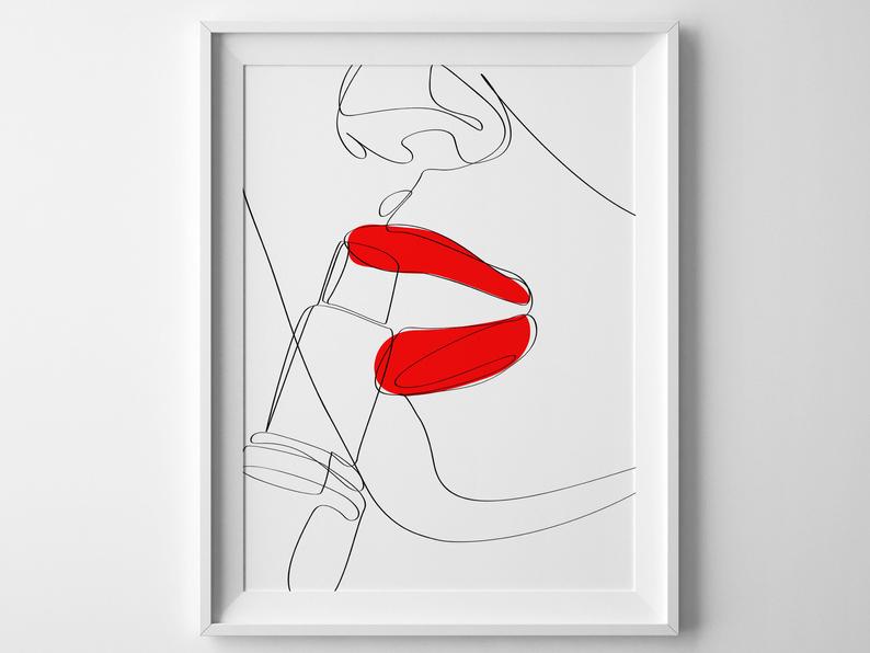 794x596 Red Lips Face Illustration Woman Line Drawing Printable Art Etsy - Red Lips Drawing