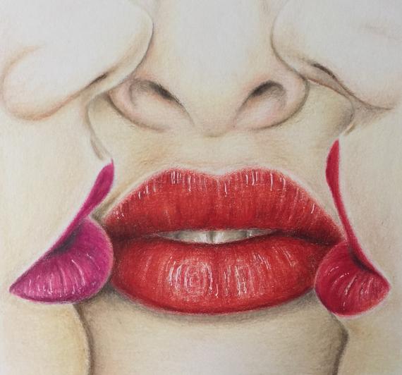 570x532 Red Lips Colored Pencil Drawinglip Paintingoriginal Drawing Etsy - Red Lips Drawing