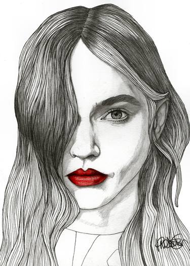 375x525 Sasha With Red Lips Drawing - Red Lips Drawing